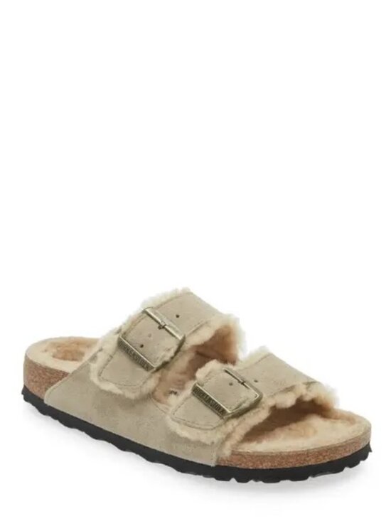 Birkenstock Shoes - NWOT Birkenstock Shearling Arizona sandals 39 taupe suede cream buckle $165